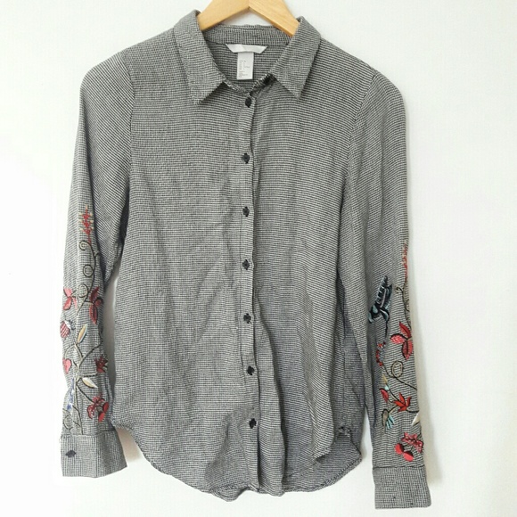 H&M Tops - H&M Embroidered Sleeves Button Down Blouse